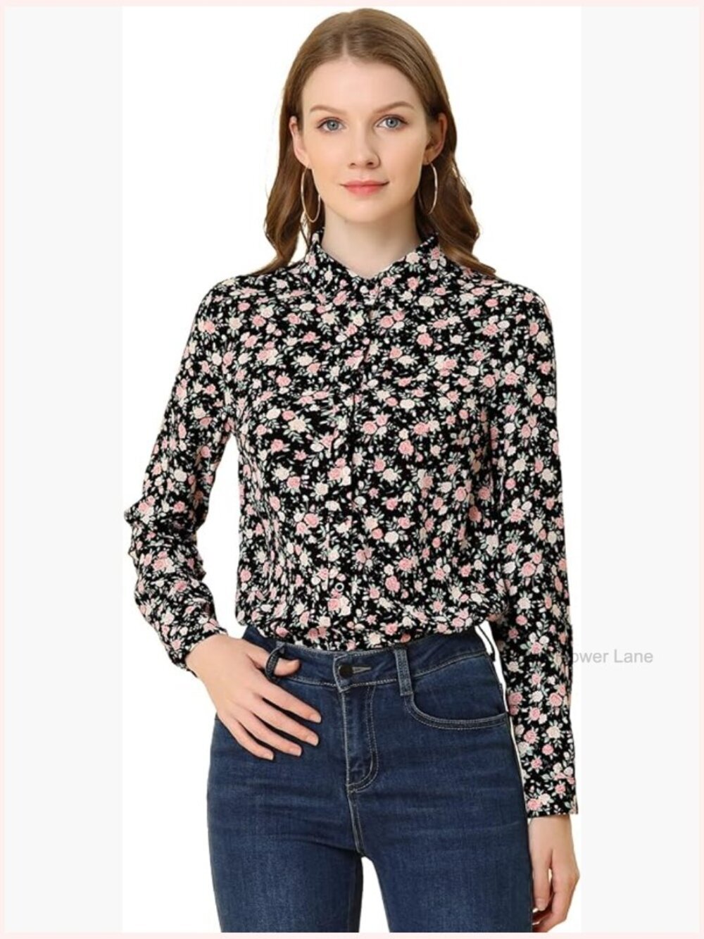 Women's Long Sleeve Button Down Ditsy Floral Blouse Top